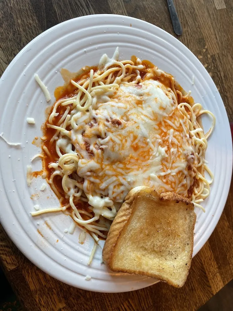 Twice Baked Spaghetti Served with Side Salad and Garlic Bread